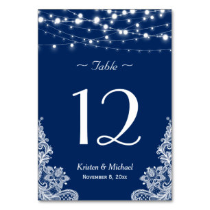 Numeração De Mesa String Lights Lace Marinho Blue WedTable Number