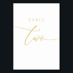 Numeração De Mesa Tabela de Script Elegante Dourada Número Dois<br><div class="desc">Nosso elegante número de tabela de escrita de caligrafia em ouro é perfeito para o seu casamento! Esta placa de números de tabela de dois lados (frente e verso) apresenta uma bela e elegante tipografia de folha de ouro falso num fundo moderno e minimalista. Cada número de tabela é vendido...</div>