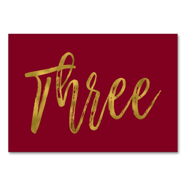 Numeração De Mesa Tabela Elegante Dourada e Borgonha Número Três (Frente)