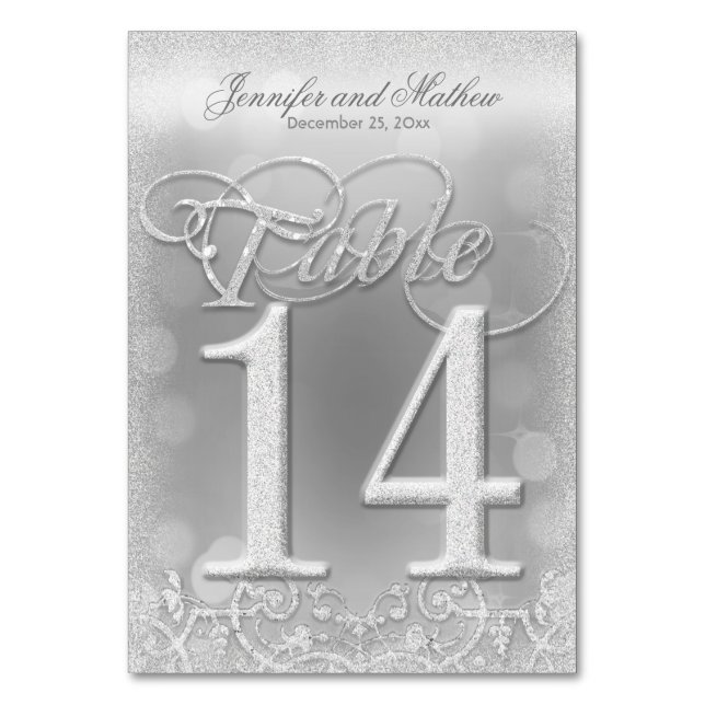 Numeração De Mesa Tabela Número 14 Glitter Faux Silver Elegante (Frente)