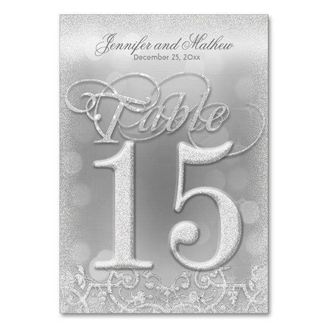 Numeração De Mesa Tabela Número 15 Glitter Faux Silver Elegante (Frente)