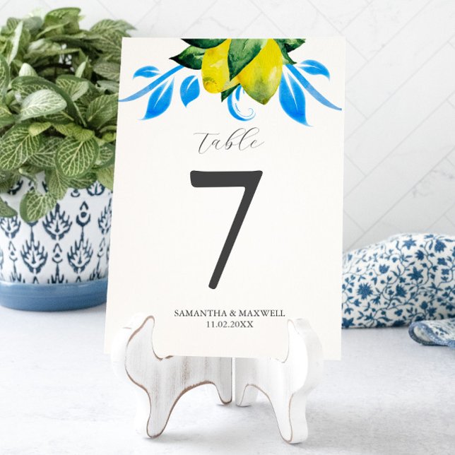 Numeração De Mesa Tabela Número Limões Casamento Italiano (table number card template botanical blue and yellow lemons watercolor art by Victoria Grigaliunas)