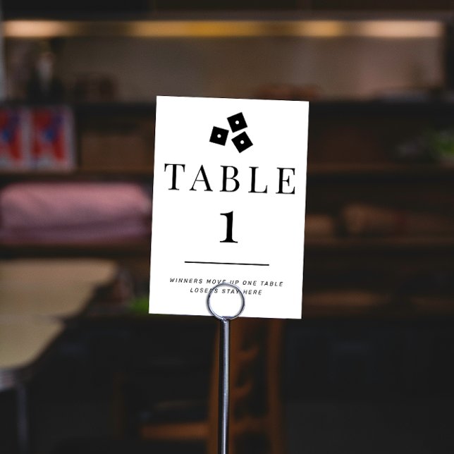 Numeração De Mesa Tabela Simples de Bunco Preto e Branco Número 1 (Bunco dice game Table 1 two-sided table sign with directions in black and white)