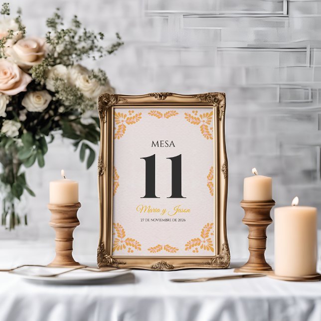Numeração De Mesa Talavera Yellow Floral Minimalist Spanish Wedding (Talavera Yellow Floral Minimalist Spanish Wedding Table Number)