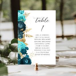 Numeração De Mesa Teal Aqua Gold Floral Modern Script Wedding