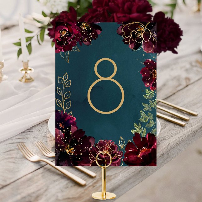 Numeração De Mesa Teal Bordeaux Jewel Tone Núm. (Teal Bordeaux Jewel Tone Wedding Table Number Card)