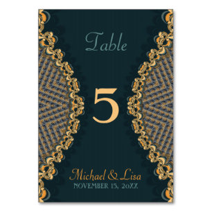 Numeração De Mesa Teal Dourado Renda Fractal Exclusivo Menu 2-em-1 p