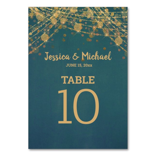 Numeração De Mesa Teal Dourado String Lights Bokeh Weding (Frente)