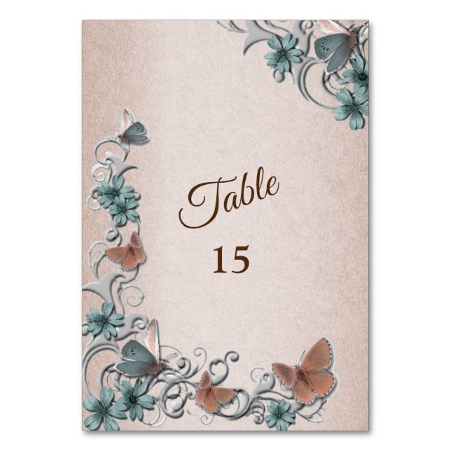 Numeração De Mesa Teal Silver Floral Copper Butterfly Tan Wedding (Frente)