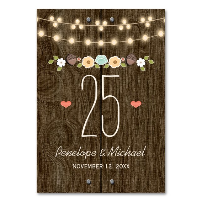 Numeração De Mesa Teal String of Lights Rustic WedTable Number (Frente)