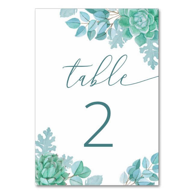 Numeração De Mesa Teal Succulent Wedding | Azul Verde Botânico (Frente)