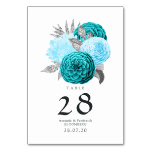Numeração De Mesa Teal - Turquesa e Casamento Floral de Prata