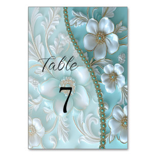 Numeração De Mesa Teal White Floral Número da Tabela