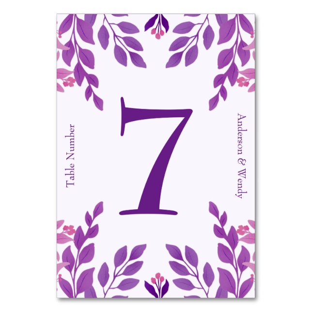 Numeração De Mesa Tema de Casamento de Folhas Roxas (Frente)