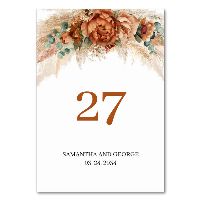 Numeração De Mesa Terracotta burgundy eucalipto e erva-pampas (Frente)