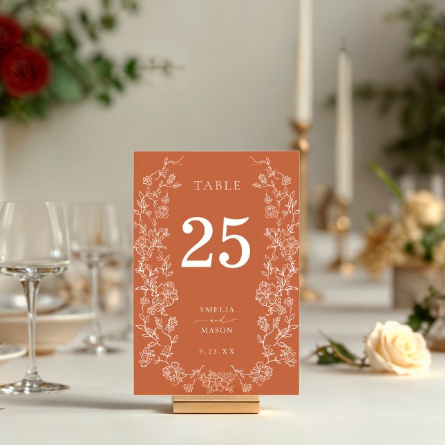 Numeração De Mesa Terracotta Fall Floral Weding (Terracotta autumn or fall vintage floral wedding table number)