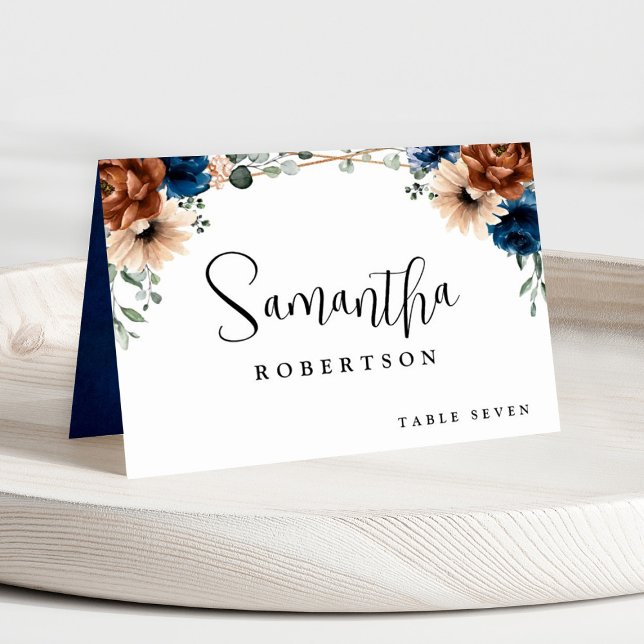 Numeração De Mesa Terracotta Marinho Blue Greenery Nome Geométrico (Terracotta Navy blue floral geometric guest name wedding place card.)