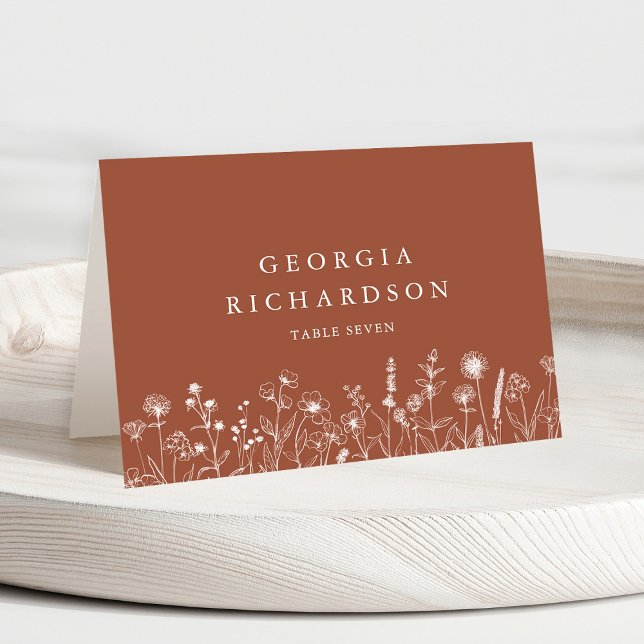 Numeração De Mesa Terracotta Rustic Fall Wildflower Place Card (Terracotta Rustic Floral Fall Wildflower Wedding guest name place card)