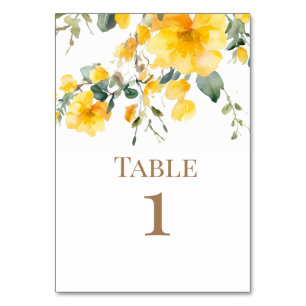 Numeração De Mesa Texto Dourado de Casamento Floral Amarelo de Aquar