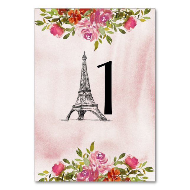 Numeração De Mesa Torre Floral Eiffel de Aquarela Turna (Frente)