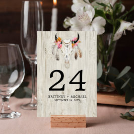 Numeração De Mesa Touro Boho Caveira Penas Casamento de Madeira Rúst