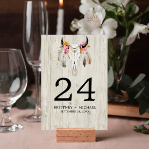Numeração De Mesa Touro Boho Caveira Penas Casamento de Madeira Rúst