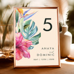 Numeração De Mesa Tropical Floral Colorida | Número do quadro de pea<br><div class="desc">Esta floral tropical colorida | o número da mesa de pêssego é perfeito para o seu destino moderno de boho, verde, roxo, casamento de pêssego. Design apresenta um buquê elegante de verde-aquarela de praia clássico e flores que podem incluir eucalipto verde-sábio, proteína vermelha e mauve, hibisco rosa-pincel, pássaro laranja e...</div>