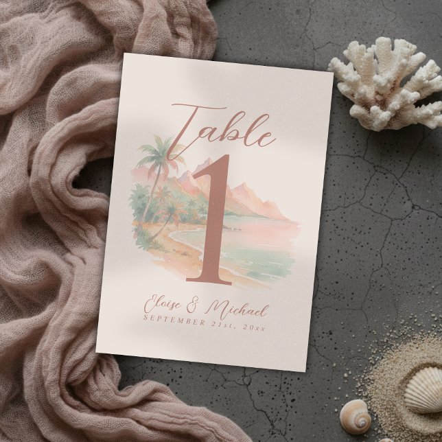 Numeração De Mesa Tropical Sunset Island Beach Watercolor Wedding (Tropical Sunset Island Beach Watercolor Wedding Table Number)