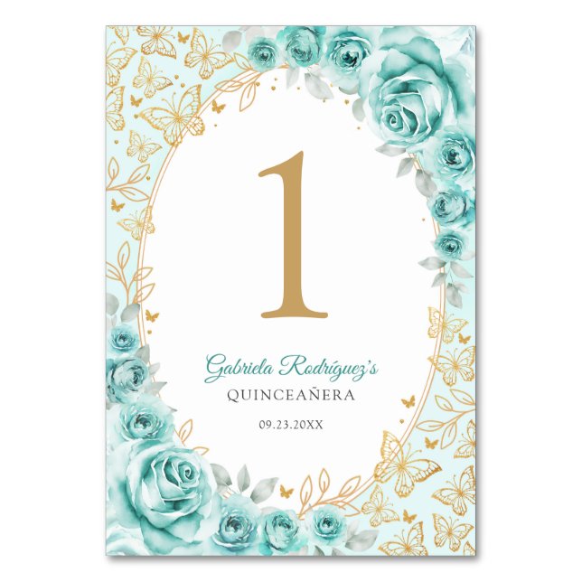 Numeração De Mesa Turquesa Dourado Floral Quinceanera (Frente)