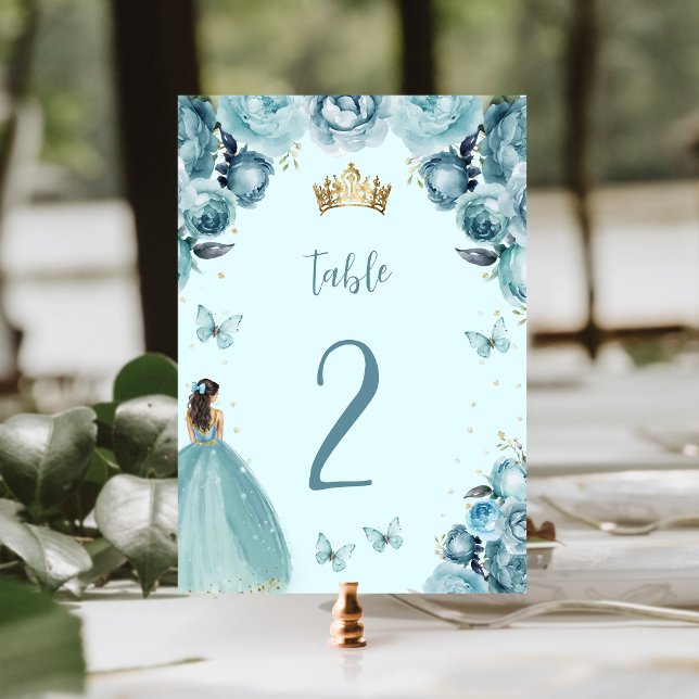 Numeração De Mesa Turquesa Floral Dourada Princesa Quinceañera (Criador carregado)