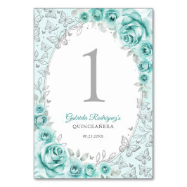 Numeração De Mesa Turquesa Prata Floral Quinceanera