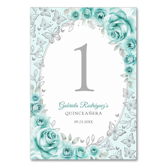 Numeração De Mesa Turquesa Prata Floral Quinceanera (Frente)