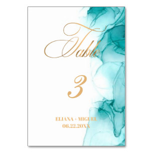 Numeração De Mesa Turquoise Watercolor Teal Gold, casamento elegante