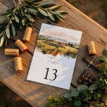 Numeração De Mesa Tuscan Vineyard Wedding | Italian Countryside<br><div class="desc">Guide your guests to their seats with this elegant Tuscan vineyard wedding table number, featuring a romantic watercolor landscape of rolling vineyards and a charming Italian countryside villa. Inspired by the beauty of Tuscany wine country, this design perfectly complements vineyard and destination weddings. The scenic vineyard illustration paired with modern...</div>