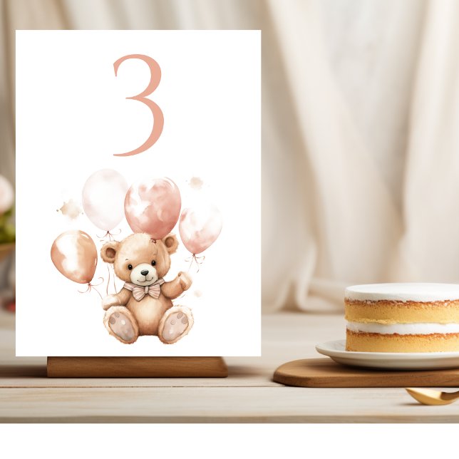 Numeração De Mesa Urso Bonito Com Balões | Bebê rosa (Criador carregado)
