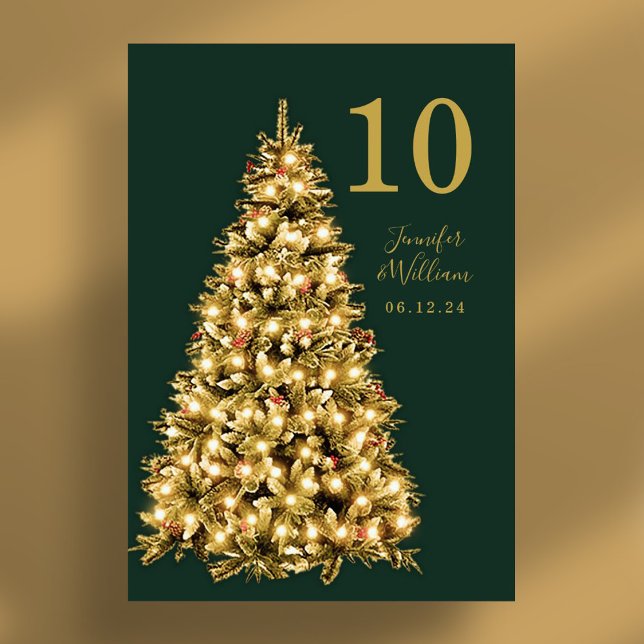 Numeração De Mesa Verde Dourado Natal Festivo Feriado Feriado de Árv (Gold Festive Christmas Tree Holiday Wedding Green Table Number)