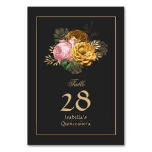 Numeração De Mesa Vestido Rosa Velho e Floral Dourado Quinceañera