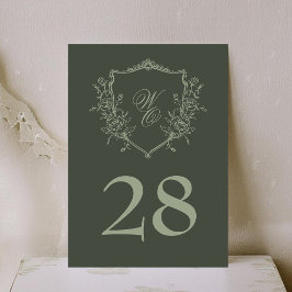 Numeração De Mesa Vintage Azeitona Floral Crest Monograma Casamento