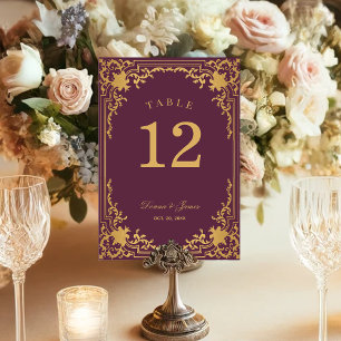Numeração De Mesa Vintage Elegant Wine Color Faux Gold Foil Casament