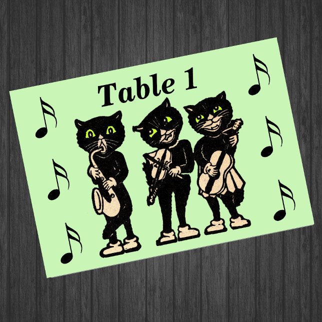 Numeração De Mesa Vintage Musical Black Cats (Three black cat musicians playing instruments music notes on light green event table number cards.)