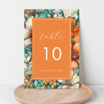 Numeração De Mesa Vintage Retro Flowers Script Teal & Orange Wedding<br><div class="desc">Este número da mesa de na moda seria um excelente adicional para a sua celebração de casamento. Adicione facilmente seus próprios detalhes clicando na opção "personalizar".</div>