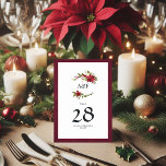 Numeração De Mesa Watercolor Poinsettia e Holly Christmas<br><div class="desc">Adicione um toque festivo à sua recepção de casamento com estas elegantes cartas de números de mesas, com belas poinsettias de aquarelas, sagradas, e mariposa com ênfase em burgundy. Perfeito para um casamento no inverno ou no Natal, esta design combina encanto sazonal com estilo sofisticado. Estas cartas ajudam a guiar...</div>