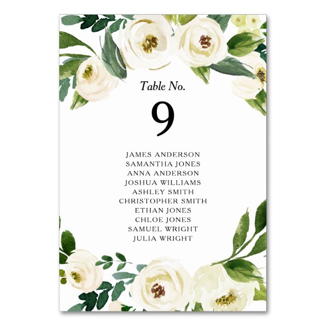 Numeração De Mesa Watercolor White Roses Flores Greenery Casamento (Frente)