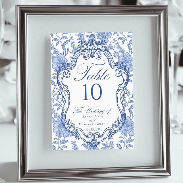 Numeração De Mesa Wedding Crest Delft Blue Floral Elegant Script (Criador carregado)