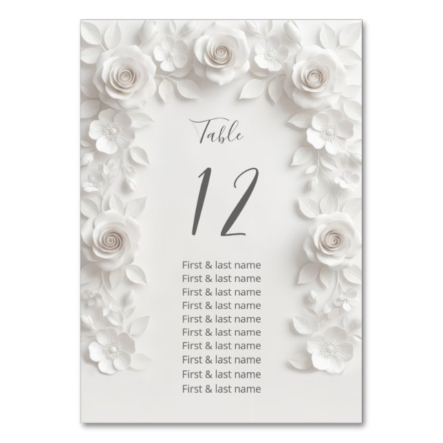 Numeração De Mesa White 3D Roses Wedding Guest Names  (Frente)