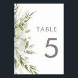 Numeração De Mesa White Floral Greenery Wedding<br><div class="desc">Este elegante tema do casamento apresenta um arranjo florescente de flores brancas e verde num fundo de linho branco nítido. Usando a tipografia sans serif e sutis pistas da caligrafia manuscrita,  esta design é moderna e clássica.</div>