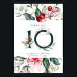 Numeração De Mesa Winter Berry | Quadro 10<br><div class="desc">Esta delicada borda verde de aquarela tem cores tradicionais de Natal, verde-floresta, verde-oliva e amora vermelha em branco brilhante. O número da tabela é apresentado no centro em verde-florestal com bagas vermelhas e verde. Os detalhes do casamento restantes estão diretamente abaixo. Todo o texto pode ser editado de acordo com...</div>