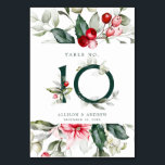 Numeração De Mesa Winter Berry | Quadro 10<br><div class="desc">Esta delicada borda verde de aquarela tem cores tradicionais de Natal, verde-floresta, verde-oliva e amora vermelha em branco brilhante. O número da tabela é apresentado no centro em verde-florestal com bagas vermelhas e verde. Os detalhes do casamento restantes estão diretamente abaixo. Todo o texto pode ser editado de acordo com...</div>