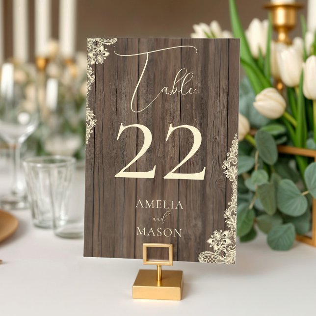 Numeração De Mesa Wood Lace Wedding Rustic Table Number Card (Wood Lace Wedding Rustic Table Number Card)