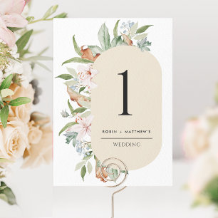 Número da Mesa de Casamento Bege Elegante, Flores 